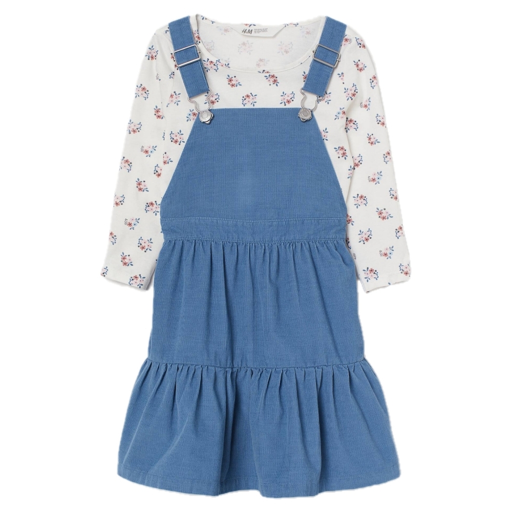 H&M Girls Blue Corduroy Spring Overall Dress Dressalls & Shirt Set Size 6x/7 NEW